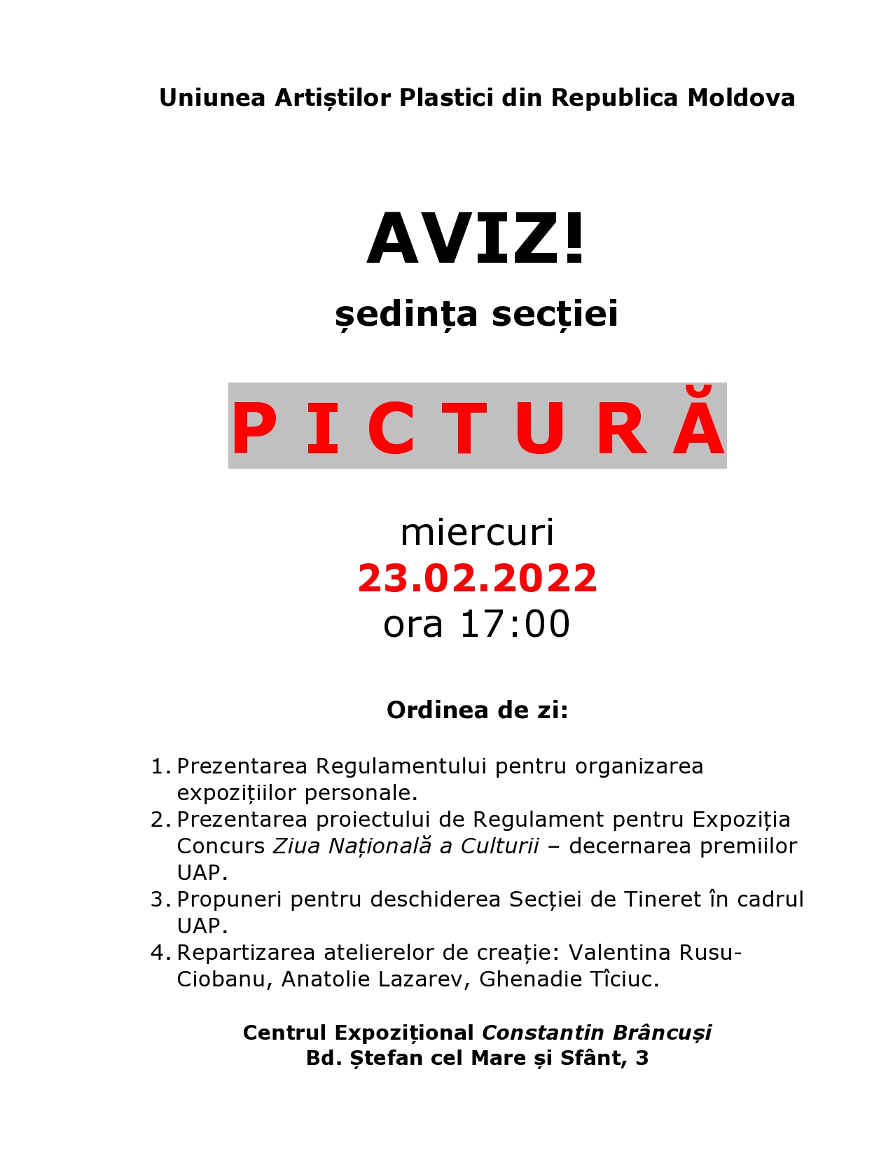 Aviz. Şedinţa secţiei Pictură din 23.02.2022